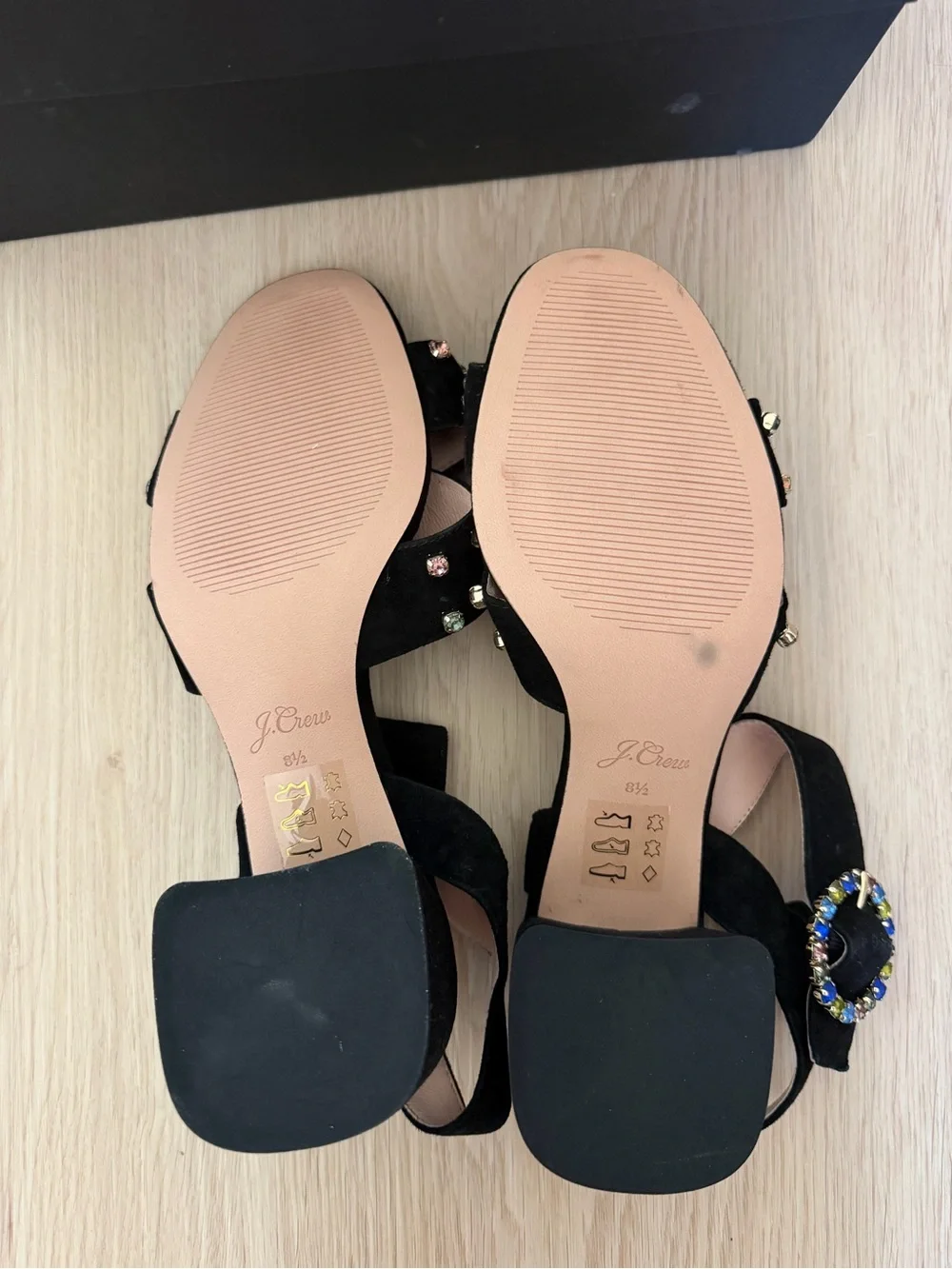 J. Crew Black Suede Jeweled Strap block heel 38.5